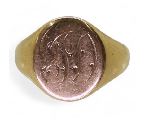 A 9ct gold signet ring, size N1/2, weight 9.1gms Condition Report:Inscribed inside and out, nice heavy weight