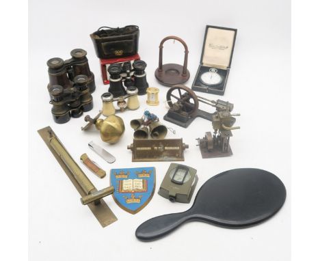 A mixed lot, comprising two miniature steam piston engines, a padouk pocket watch stand, binoculars/opera glasses by Negretti