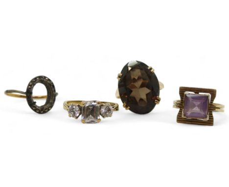 Four 9ct and yellow metal rings, amethyst size M, smoky quartz M1/2, Cz P, yellow&nbsp; and white metal af ring P, weight com