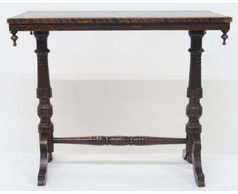 A late Victorian mahogany hall table with rectangular top on turned supports on out swept feet joined by turned stretchers, 7