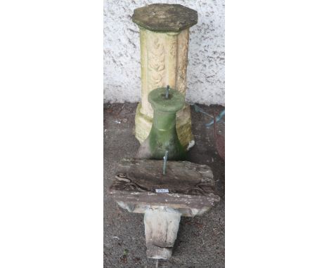 A lot of assorted stoneware garden pieces to include octagonal based pedestal, baluster form plinth and an angled sundial (de