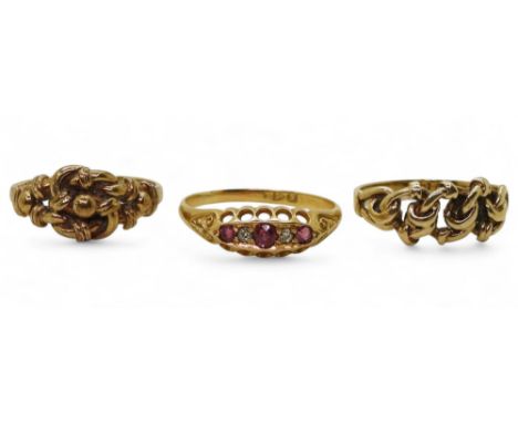 A bright yellow metal diamond and pink gem set ring partial hallmarks, size S, weight 2.5gms together with a 9ct knot ring an