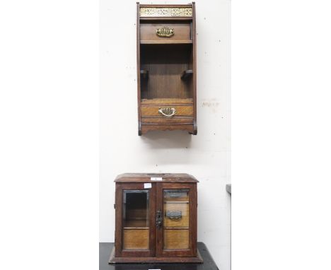 A lot comprising Victorian oak smokers cabinet with pair of glazed doors concealing two short over one long drawer and an ear