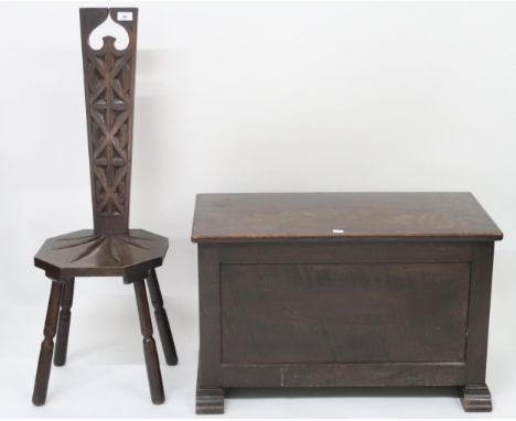 A lot comprising an early 20th century oak chest with sledge feet, 46cm high x 74cm wide x 36cm deep and an oak spinning chai