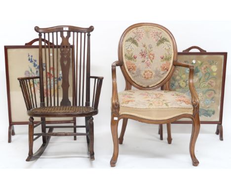 A lot comprising 20th century Windsor style rocking chair, tapestry upholstered armchair and two assorted tapestry fire scree