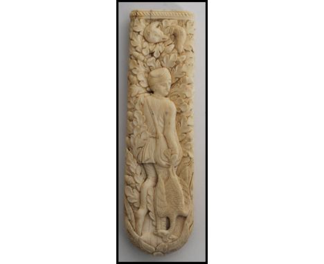 A fantastic 19th century carved Continental Ivory handle. The handle carved profusely with hunting scenes featuring a Huntsma