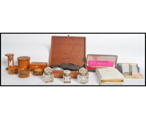 A collection of vintage items to include treen /&nbsp;macaulay ware boxes and items, cased Parker pen, cigar box , weights , 