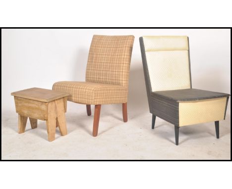 Two mid 20th retro vintage century bedroom chairs, one of angular form in black and white along with a Lloyd loom basket and 