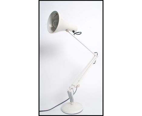 A mid century Herbert Terry anglepoise desk lamp in white colourway being raised on circular base with pendant shade. Measure