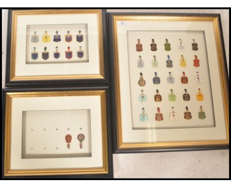 A collection of framed, glazed and mounted enamel members / Stewards badges for Henley Royal Regatta, dating from 1979 all th