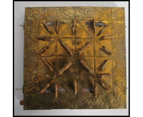 A vintage Oriental Nepal brass Bagha-Chal moving tigers game and board featuring brass tigers and goat playing pieces. Measur