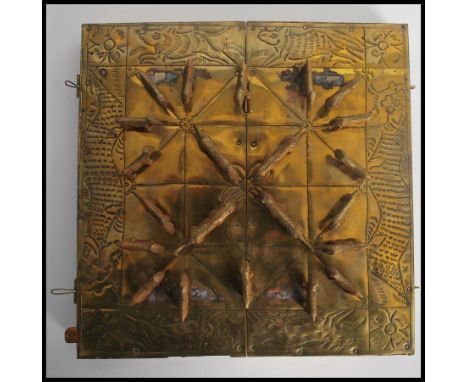 A vintage Oriental Nepal brass Bagha-Chal moving tigers game and board featuring brass tigers and goat playing pieces. Measur