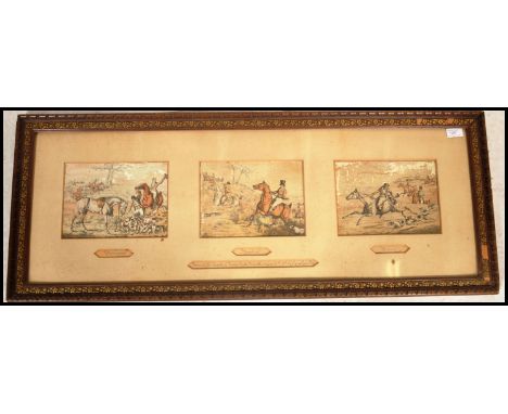 An early 20th century three panel print of hunting scenes being framed and glazed. The prints entitled Away , Forward On, and