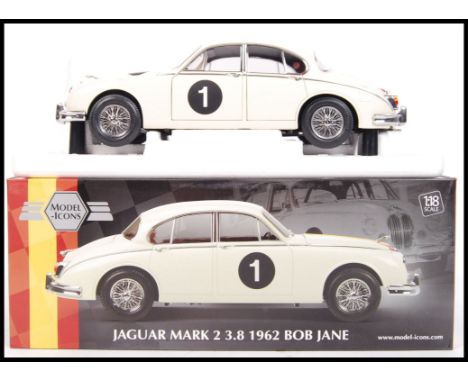 A superb 1:18 scale Australian made ' Model Icons ' Jaguar Mark II 3.8 1962 ' Bob Jane' diecast model vehicle. Ex-shop stock.