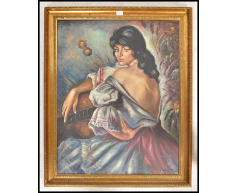 Spanish School, A mid 20th century retro large oil on panel painting portrait study of a Flamenco Dancer being , indistinctly