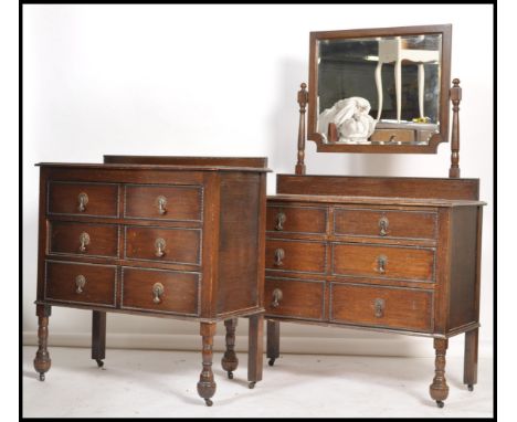 A vintage 1930s Oak chest of drawers, three straight drawers with cock beading detail, swag Art Nouveau handles raised on tur