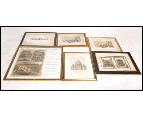 A collection of framed and glazed 19th century style architectural etchings / plates pictures of famous landmarks. To include