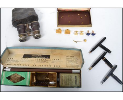 A good group of vintage items to include a pair of French opera glasses in case, a Parker Hale gun gleaning kit, a group of g