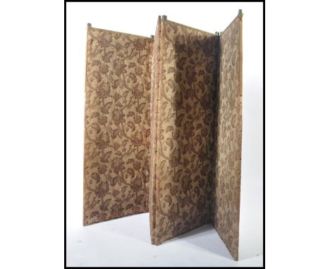 A vintage early 20th century 4 fold ladies vanity dressing screen having decorative period needlepoint fabric upholstery on w
