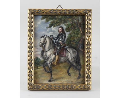 Englischer MiniaturmalerMiniatur "Charles I. zu Pferd", Gouache, der König in vollem Harnisch zu Pferd, unten rechts signiert