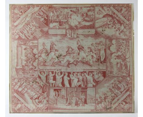 Spotttuch "Europäische Schaubühne im Dezember 1812" auf Napoléon BonaparteBaumwolle mit Rotdruck, mittig eine Theaterbühne, a