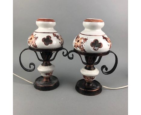 PAIR OF 20TH CENTURY TABLE LAMPS, 29cm high, the cream ceramic shades depicting flowers