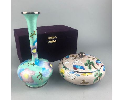 MODERN CLOISONNE ENAMEL VASE, 21cm high, in box, along with a Chinese style circular lidded jar (2)