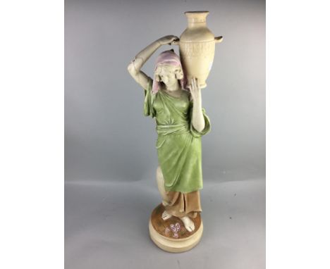 CONTINENTAL CERAMIC FIGURE OF A LADY, modelled carrying a water jug, 72.5cm high