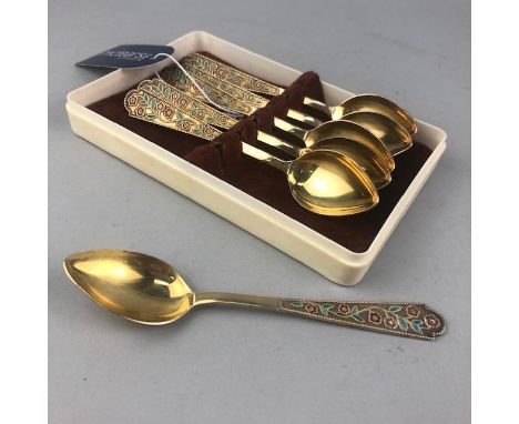 SET OF SIX RUSSIAN SILVER GILT TEASPOONS, with floral enamel handles, stamped 87