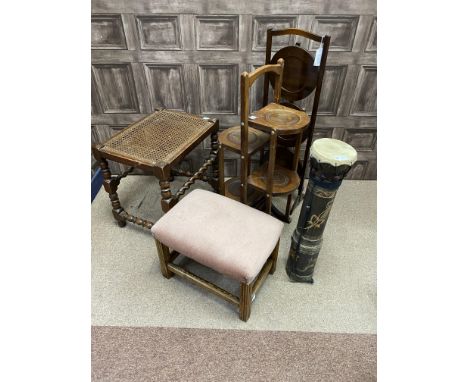 MAHOGANY THREE TIER FOLDING CAKE STAND, along with another folding stand, cane topped rectangular stool, another stool, a fol
