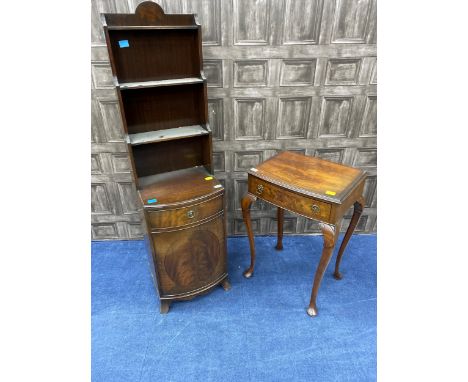 REPRODUCTION MAHOGANY BOW FRONTED CABINET, 41cm wide, with open shelf top, along with a mahogany side table, with frieze draw