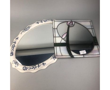 RENNIE MACKINTOSH STYLE WALL MIRROR, 29cm x 29cm, along with a ceramic framed oval wall mirror (2)