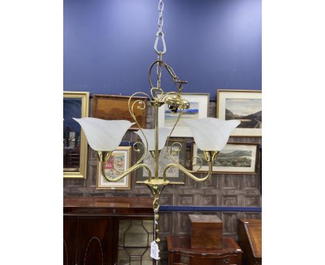 BRASS THREE BRANCH CEILING LIGHT SHADE, with three glass shades