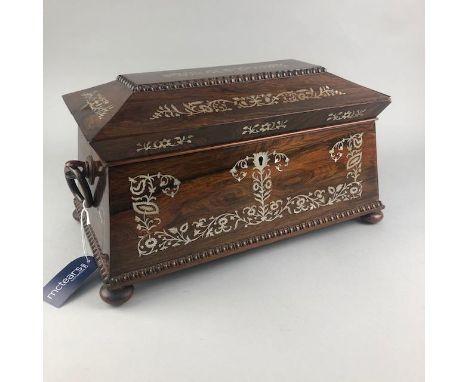 MAHOGANY AND MOTHER OF PEARL INLAID TEA CADDY, 36cm wide