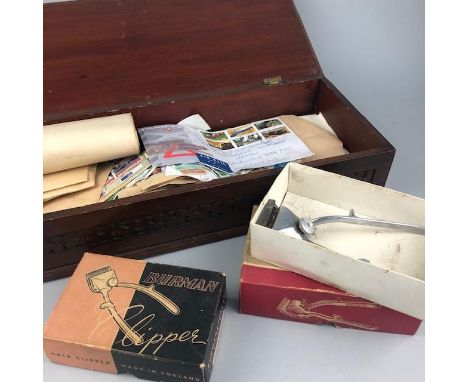 LOT OF VARIOUS STAMPS, along with first day covers, various coins and a carved wood box