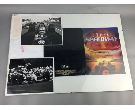 SIGNED DISPLAY FOR THE FILM SUPER SPEEDWAY, autographed by Mario Andretti, comprising two photographs and the cover from a pr