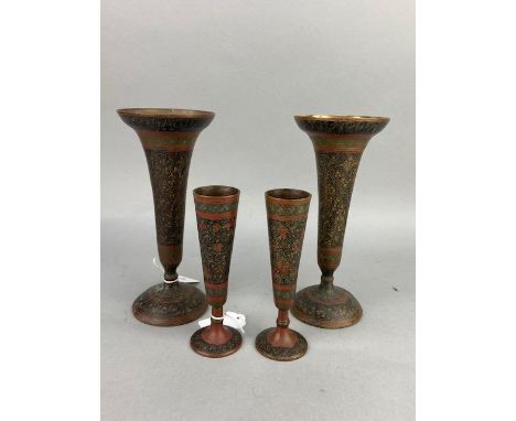 TWO PAIRS OF NIELO ENAMEL SPILL VASES, decorated in red and black, the larger pair each 20.5cm high