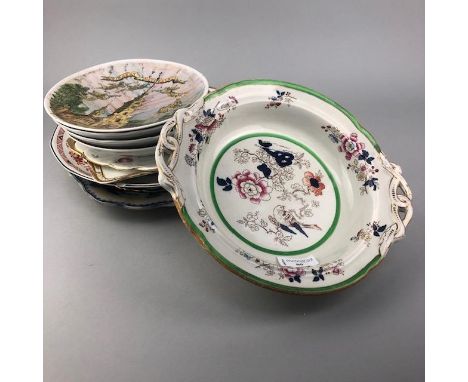 ASHWORTH BROS TWIN HANDLED BOWL, 27cm diameter, with floral and gilt decoration, along with ceramic plates