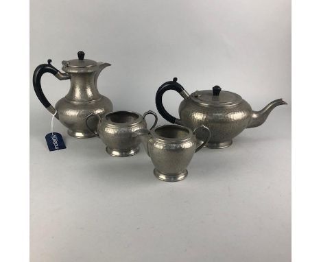 20TH CENTURY HAMMERED PETWER FOUR PIECE TEA SERVICE, along with other pewter items