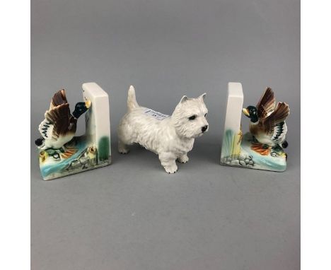 BESWICK SCOTTISH TERRIER DOG, 13cm high, along with a pair of bookends modelled with ducks, Hummel figure of a girl with a wa