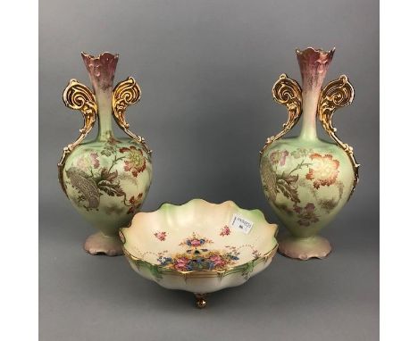 CROWN DEVON DISH, with floral and gilt decoration, on three feet, 22cm diameter, along with a pair of Blackhurst &amp; Tunnic