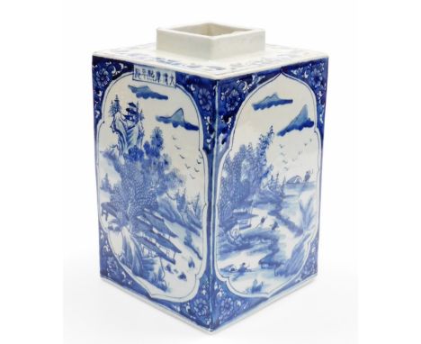 A Chinese porcelain blue and white porcelain tea canister, of rectangular form, decorated with shaped panels of figures, buil