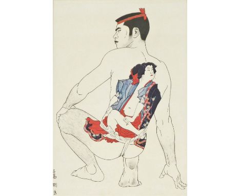 A Japanese lithograph, of a young man with an elaborate tattoo to his back of an actor in traditional costume from the series
