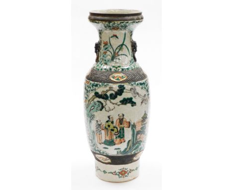 A Chinese crackle glazed baluster vase, decorated in orange and green enamels with sages in grove, floral sprays between dark