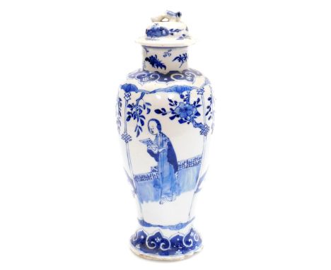 A Chinese blue and white porcelain baluster jar and cover, decorated with panels of women alternating with birds of birds and