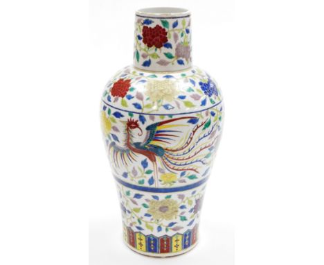 A Chinese porcelain baluster vase with tall neck, enamelled with bands of scrolling peonies and ho-o birds, predominantly in 