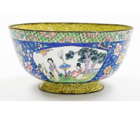 An early 20thC Chinese Canyon enamel bowl, the outside decorated with panels of figures and flowers below green and yellow bo