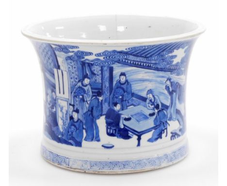 A large Chinese blue and white porcelain brushpot, of waisted form decorated with a continuous scene of scholars playing a ga