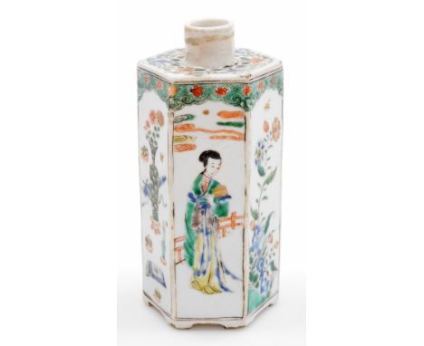 A Chinese porcelain hexagonal tea caddy, decorated with panels of vases and figures beside a fence, decorated in famille vert