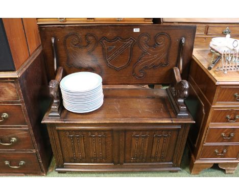 Oak Monks Bench with Lion carved handles and linenfold fron 